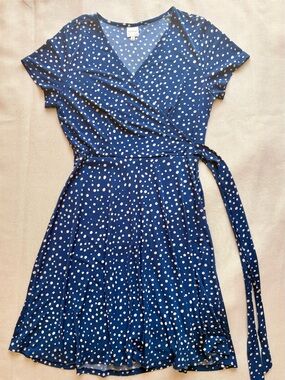 Kaileigh Blue and White Polka Dot Wrap-Style Mini Dress💙